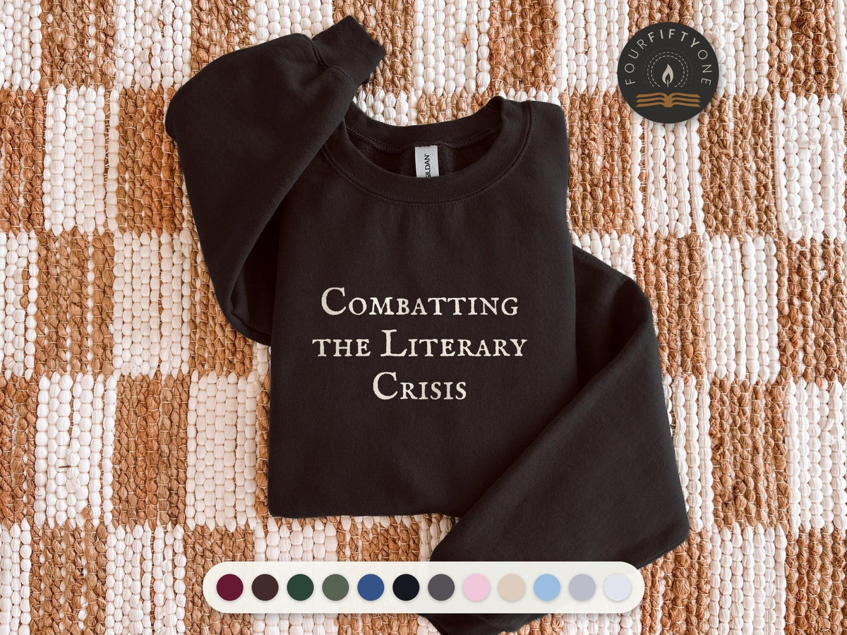 Combatting the Literary Crisis Crewneck Sweatshirt, Funny Bookish Cotton Blend Fleece - FOURFIFTYONE