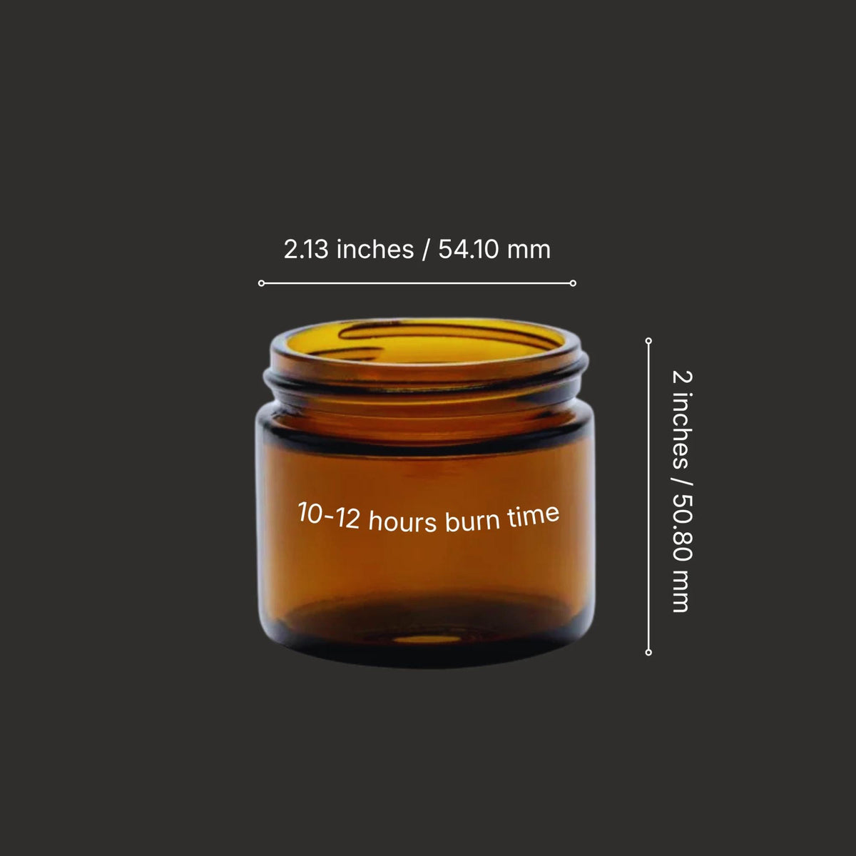 Size guide for the small amber glass jar: 2.13 inches wide, 2 inches tall, 10 to 12 hours burn time.